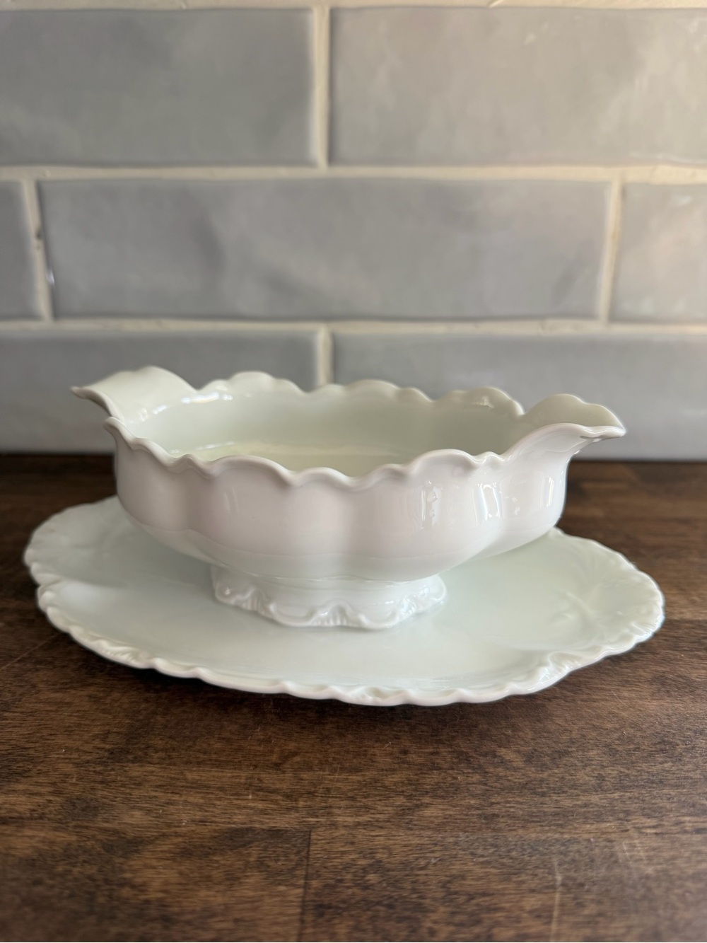 Antique Haviland Limoges Ranson Gravy Boat Attached Underplate White France 1888